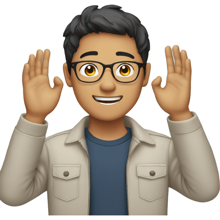 smiling young asian man who wearing glasses putting hands up emoji