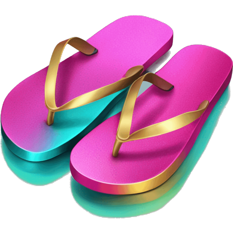 Realistic metallic gold ,hot pink and dark turquoise gradient pair of summer flip flops isolated. emoji