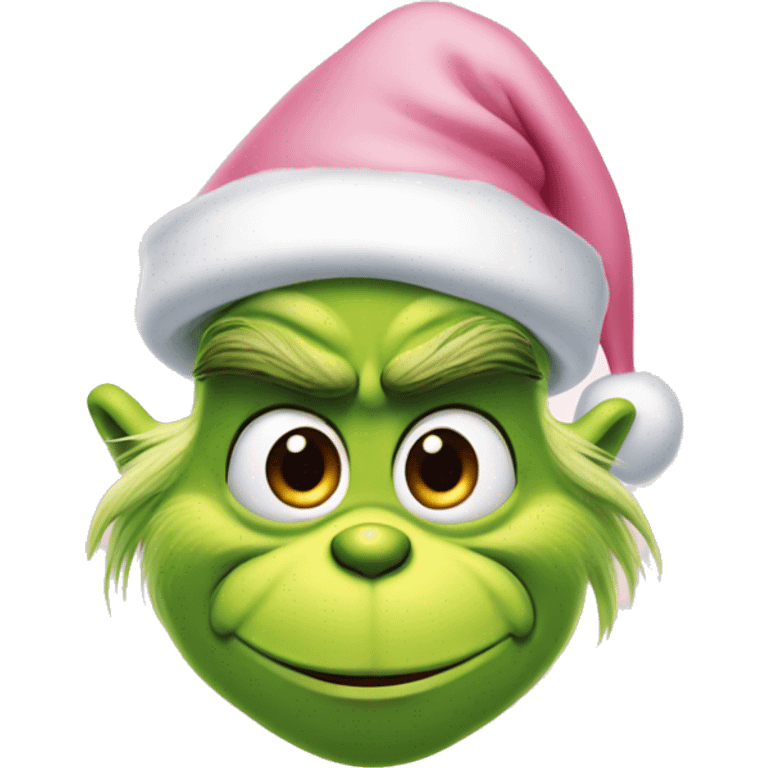 grinch face with a smirk wearing a light pink santa hat emoji