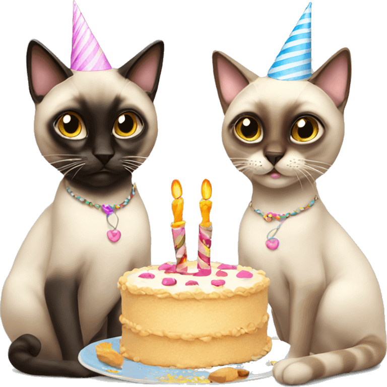 two siamese cats at a birthday party eating cake emoji