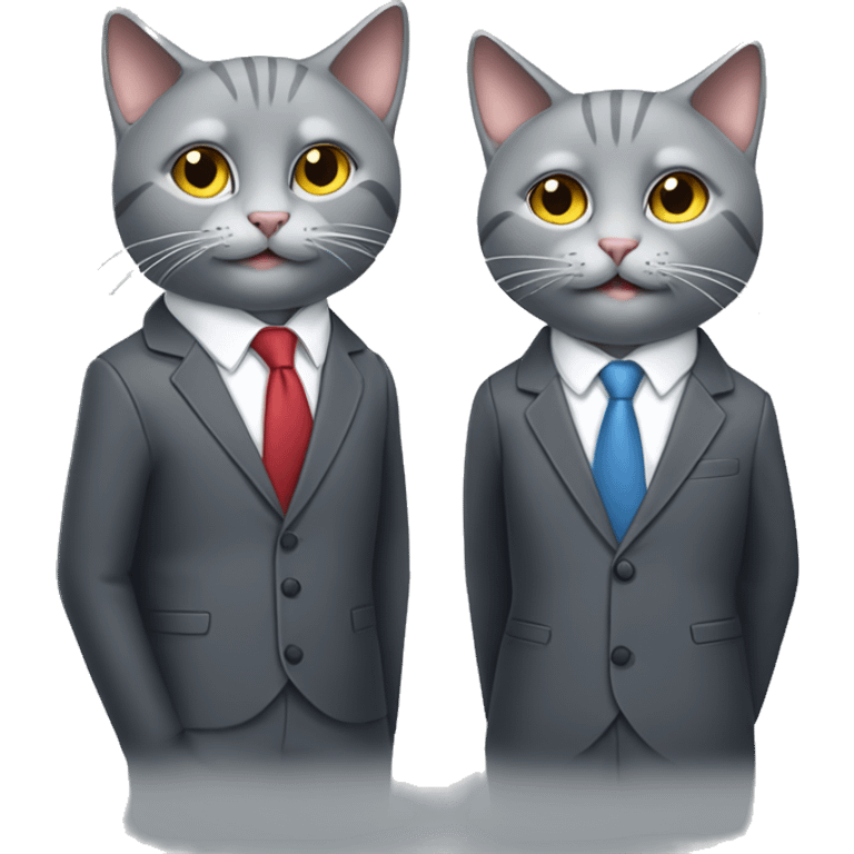 Two gray colored cats smiling wearing headphones standing back to back with suits    emoji