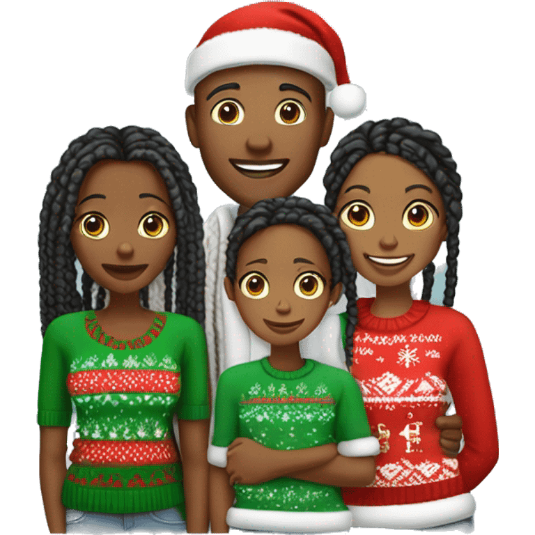 Black family of four members with Dad, Mom, Son, and Daughter. The Son and Daughter are teenagers. The Mom has braids. The Dad is light skinned.All family members are wearing Christmas sweaters and Santa hats.  emoji