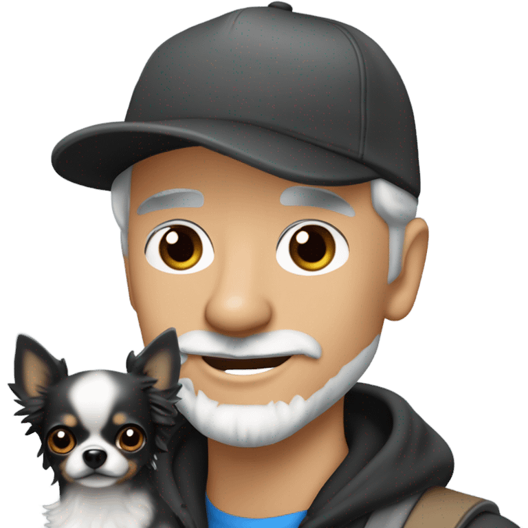 blue eyed gray haired gray goatee man in ball cap holding a black longhaired chihuahua  emoji