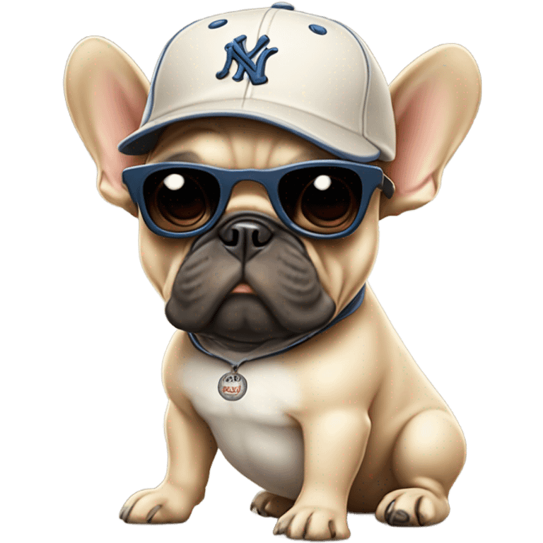 A beige French bulldog with a baseball bat and a baseball cap on with dark sunglasses emoji