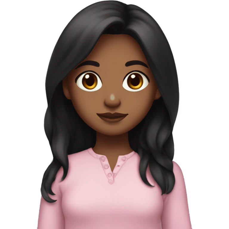 brown skin girl with dark brown eyes. long black hair and a baby pink long sleeve shirt emoji