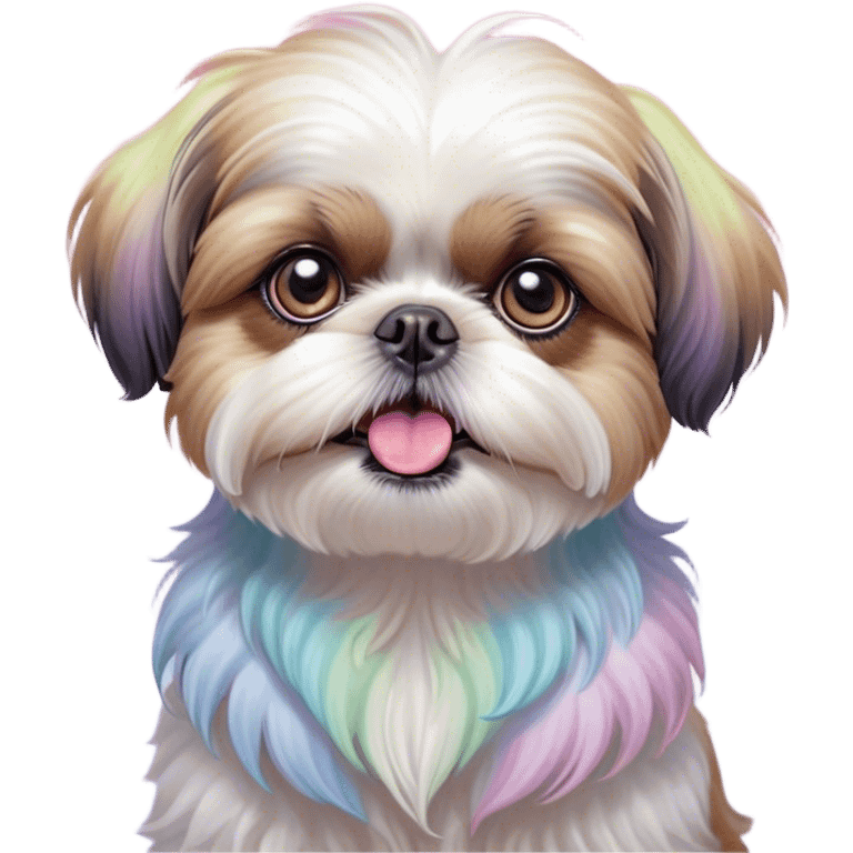 Cinematic Comical Shih Tzu Portrait Emoji, Head cocked with a hilariously exaggerated, shocked expression and twinkling, comically wide eyes, showcasing a fluffy, luxurious fur in soft pastel tones, simplified yet whimsically detailed, glowing with a playful, sassy radiance, high shine, exuding a humorous and cheeky charm, styled with a soft glowing outline, capturing the essence of a Shih Tzu that looks as if it could burst into a fit of playful antics at any moment! emoji