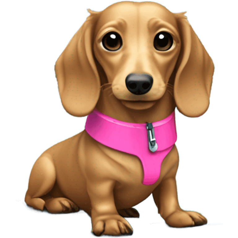 Long haired miniature dachshund cream colour with pink collar on waterskis emoji