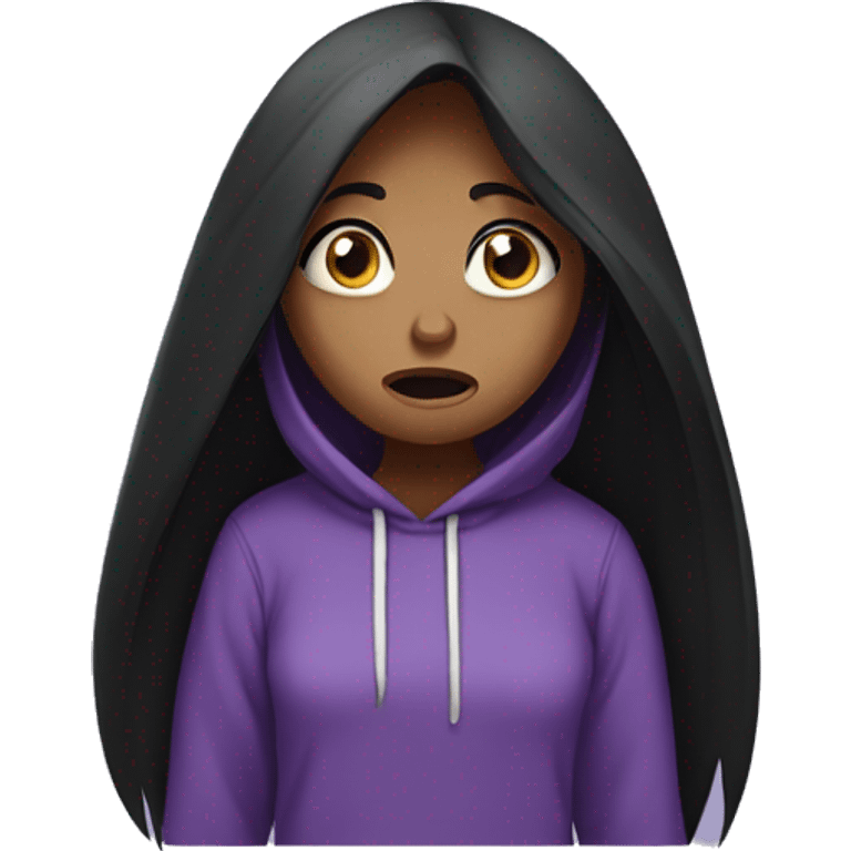 girl with long black hair, purple eyes, and purple hoodie looking scared emoji