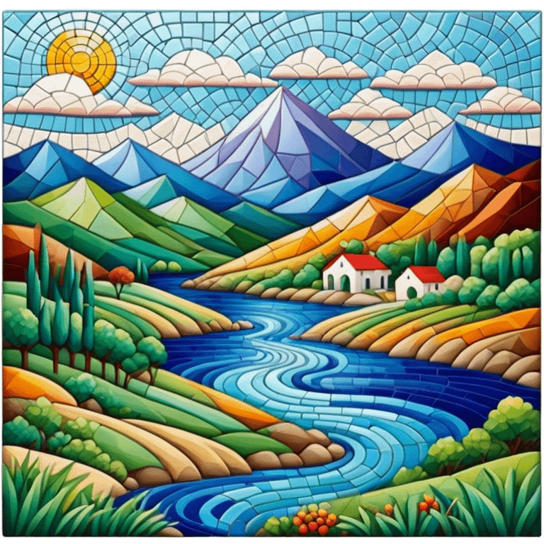 Mosaic art icon, colorful tiles forming a detailed picture of landscape, intricate patterns, some tiles in process of placement, minimalistic style, clean lines, transparent background. emoji