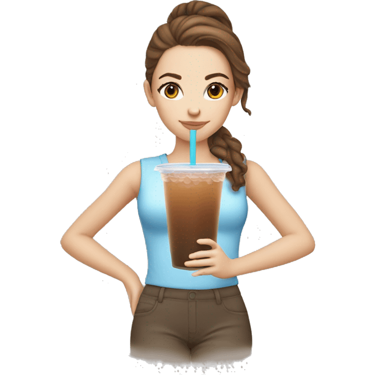 White girl with brown hair and brown eyes drinking bubble tea emoji