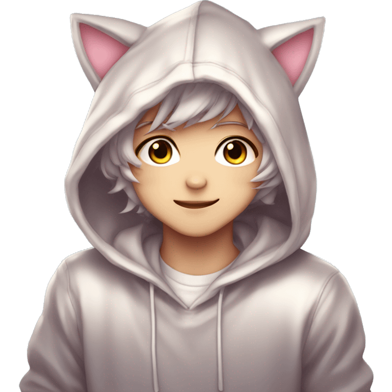 Cute Kawaii Beautiful Gorgeous Sparkly Shiny Blushing Anime Style Catboy With Pretty Hair And Hoodie emoji