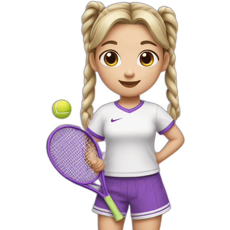 a little chinese girl wearing a white nike shirt with two pig tails hair style holding a purple tennis racket to her chest emoji