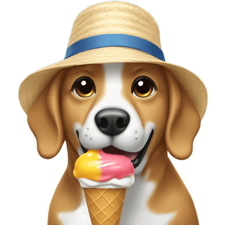 Dog eating ice cream with a beach hat emoji