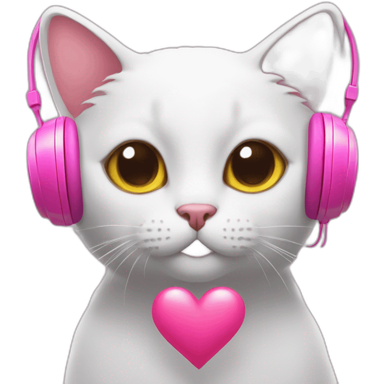 cat wearing pink headphones and heart-shaped paws emoji