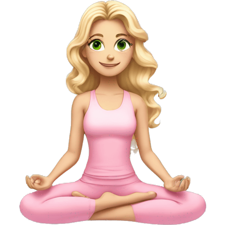 blonde long curled hair and green eyes yoga beautiful girl in light pink pink pink clothes sitting on a yoga mat emoji