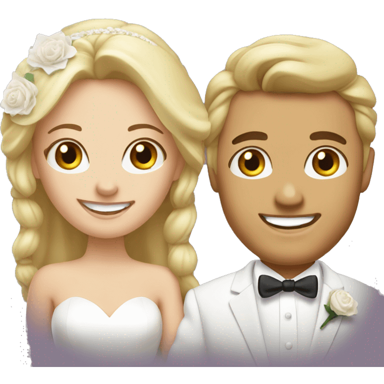 happy couple on wedding day, blond hair bride emoji