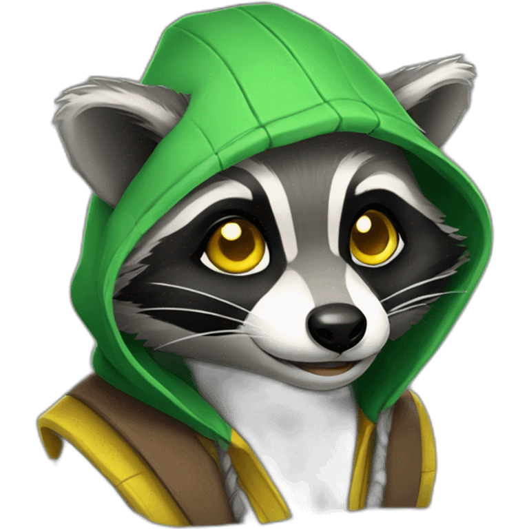 gray raccoon with yellow eyes and a green hood that smiles emoji