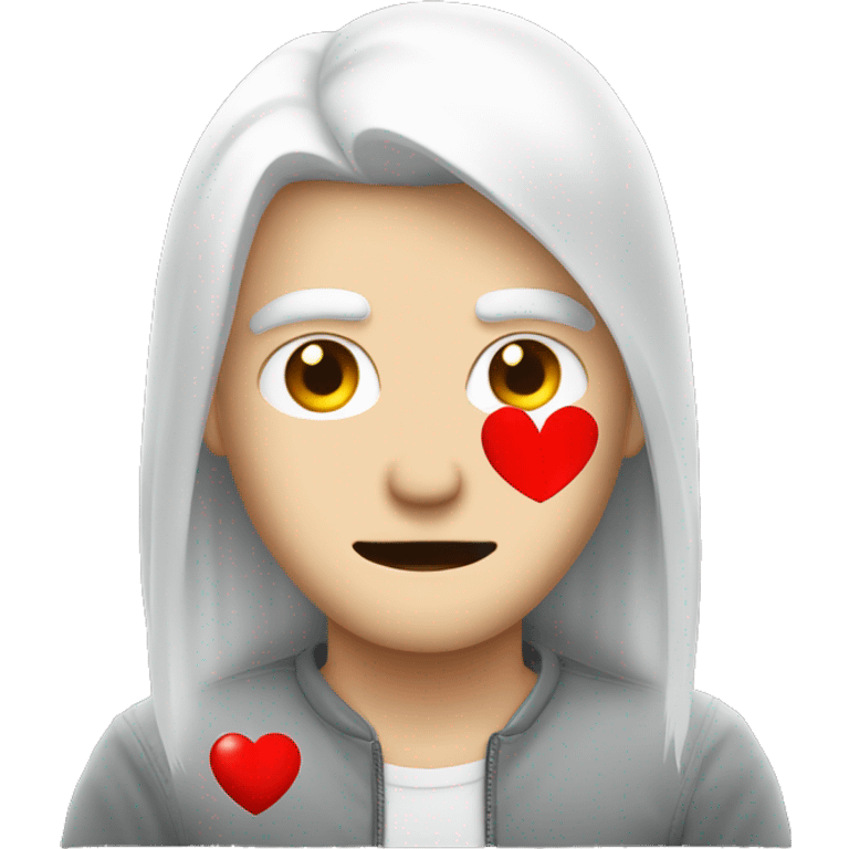 white hair medium long, young male, aggressive sharp face, holding red heart  emoji