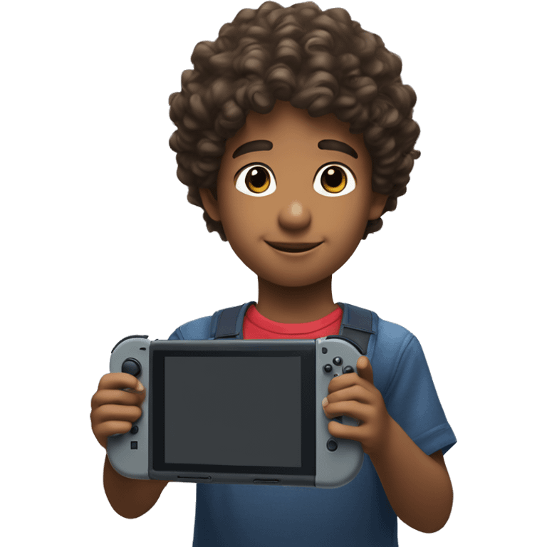 Nintendo switch console being held by kid with curly hair emoji