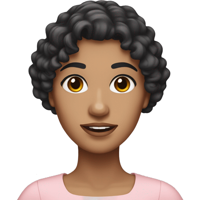 White woman with long black curly hair and bangs and dark brown eyes, wearing a pastel pink dress emoji