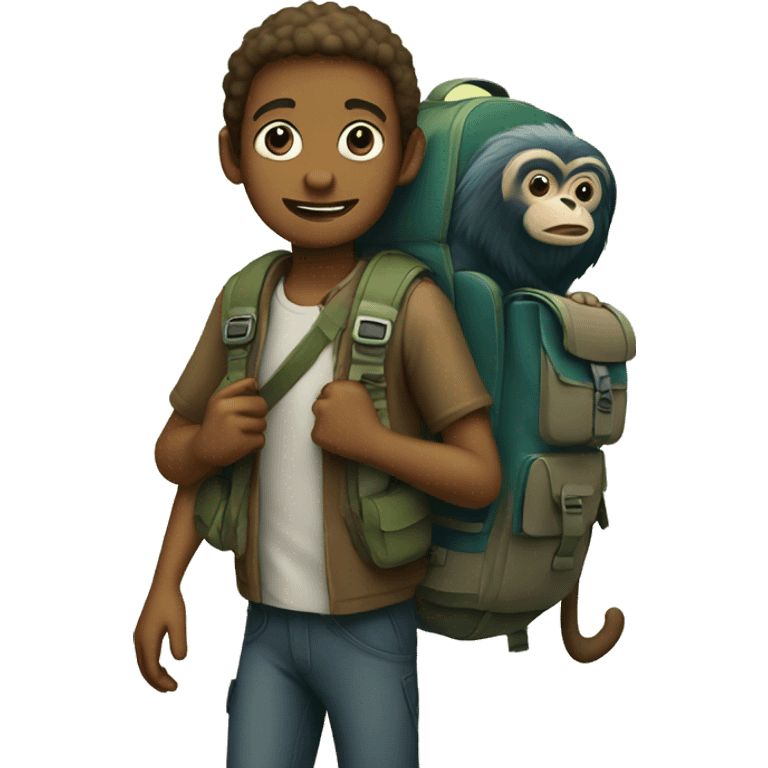 boy in nature with backpack monkey on arm emoji