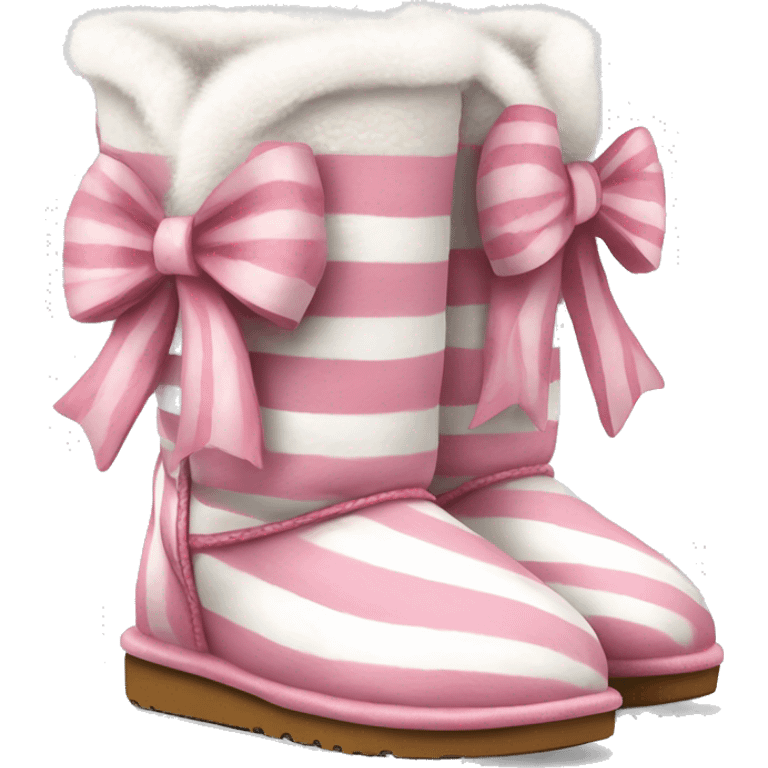 Realistic Pair of pink and white peppermint striped Ugg fur boots with bows emoji