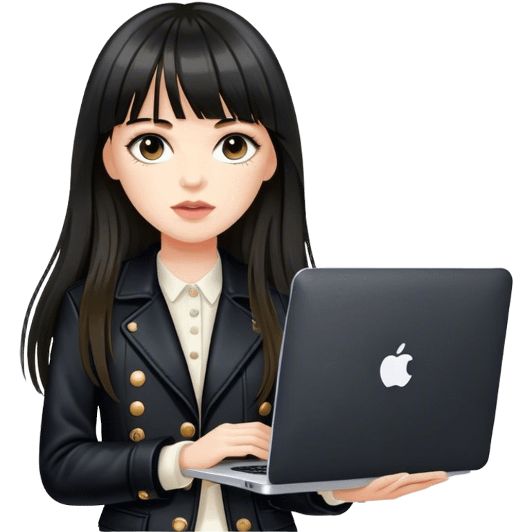 Beautiful white girl, with dark very long hair with bang, wearing black Chanel jacket, holding MacBook  emoji