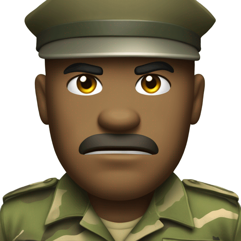 drill sergeant character wearing a classic sergeant hat and a camouflage army shirt. The character should have an angry intense expression. full torso emoji