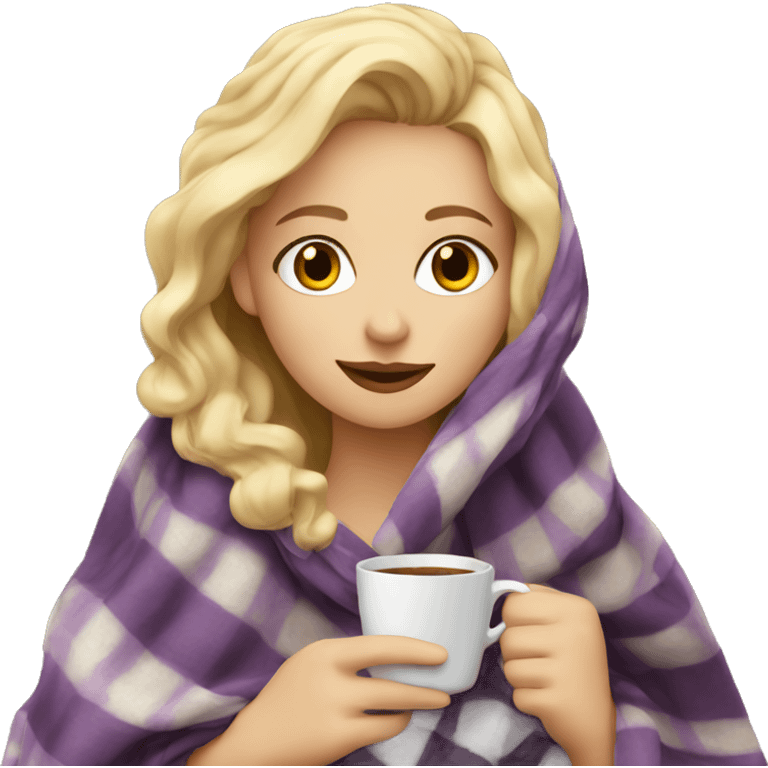 Blonde girl in blanket drinking coffee  emoji