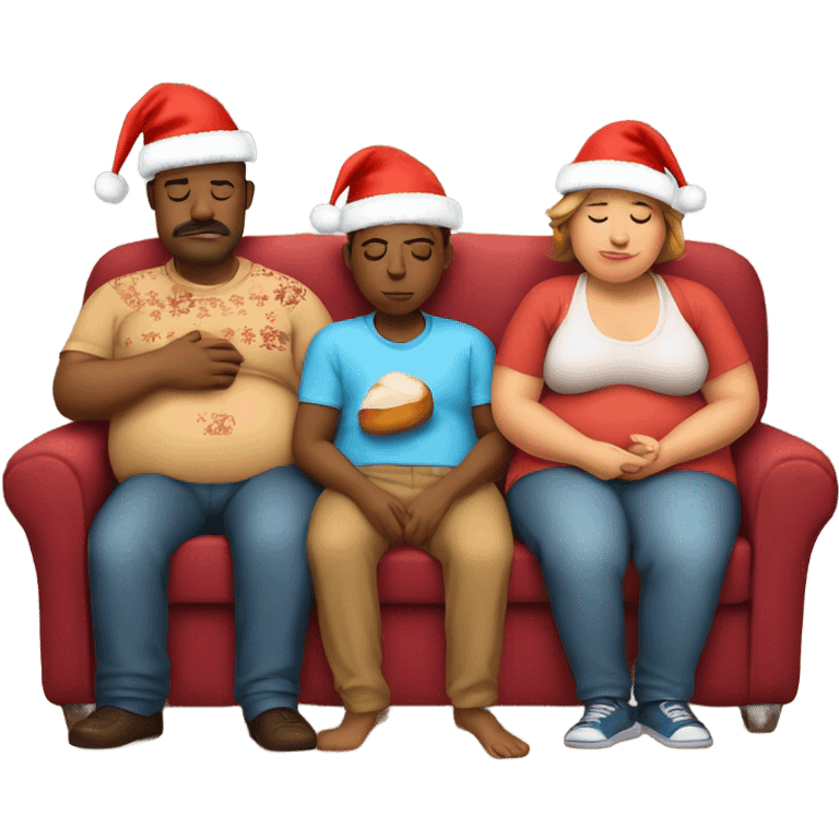 Family sitting on couch wearing Christmas hats sleeping with fat belly’s after eating too much turkey emoji