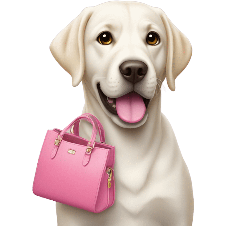 White Labrador holding the handle of a white and pink purse in her mouth  emoji