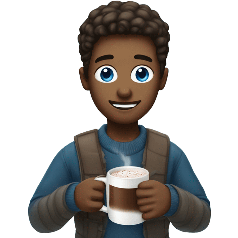 Blue eyed guy drinking hot chocolate by Christmas tree emoji