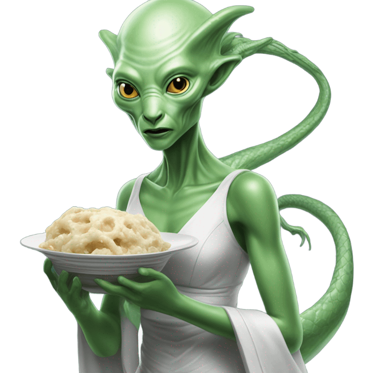 Photo realistic, alien female green,  on white china dragon infinite story emoji