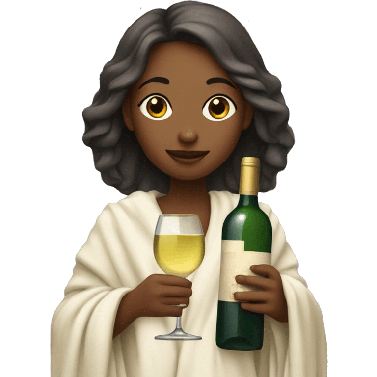 light girl with blankets holding a bottle of white wine  emoji