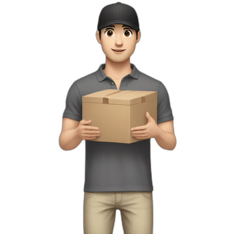 Pale skinned fit Man with black hair in a dark gray cap, gray jeans and beige polo T-shirt keeping a pasted box into his hands emoji