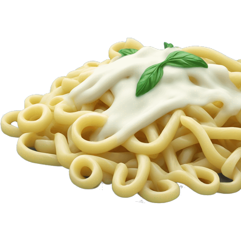 long thin pasta noodles on a blue plate with white sauce and shimp, green background emoji