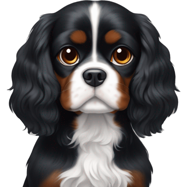 Completely black Cavalier King Charles spaniel with a while stripe on chest and a little bit of white on the chin. emoji