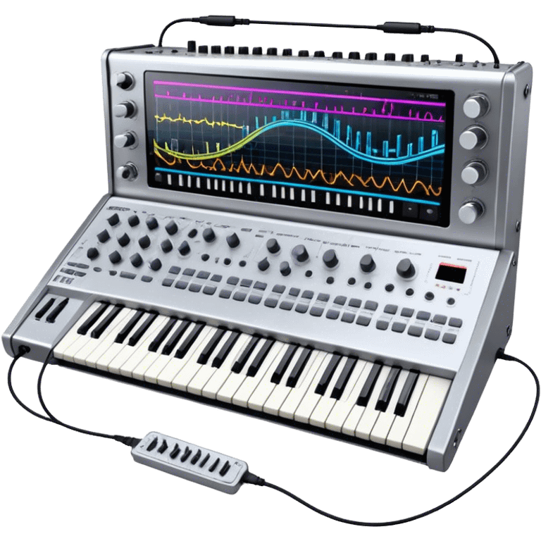 Create a professional and detailed emoji that represents sound design. The design should feature a high-end studio synthesizer, specifically a Korg synthesizer, with a mixing console and control panel, all connected with audio cables. Surround the equipment with flowing sound waves or musical notes to symbolize the creation and manipulation of sound. Use colors like metallic silver, black, and neon accents to emphasize the technical, creative nature of sound design. The background should be transparent. emoji