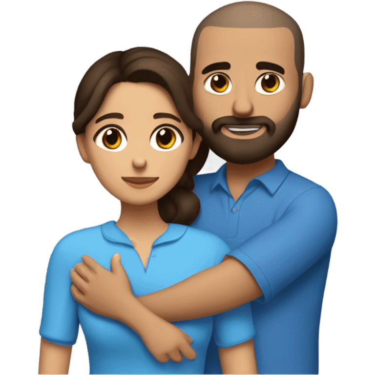 Comforting hug from brunette Puerto Rican with dark brown eyes wearing a cute blue blouse to short, bald man with brown eyes and a beard emoji