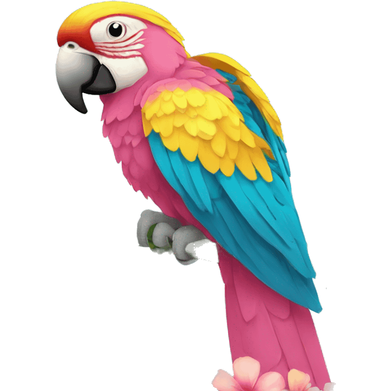 Summer beach cyan pink mustard yellow multicoloured parrot macaw bird holding a plant vine in beak Spanish Italian Mediterranean style floral emoji