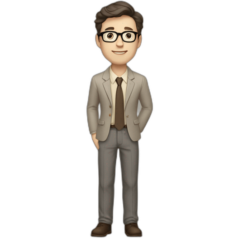 Full height Pale skinned Fit Man With dark brown hair in gray jacket, beige office shirt, tie, Brown pants and vintage glasses. Thrumbs of his palms directed up emoji