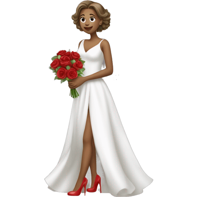 a girl holding a bouquet of flower wearing a white gown with red high heels and looking into the mirror emoji