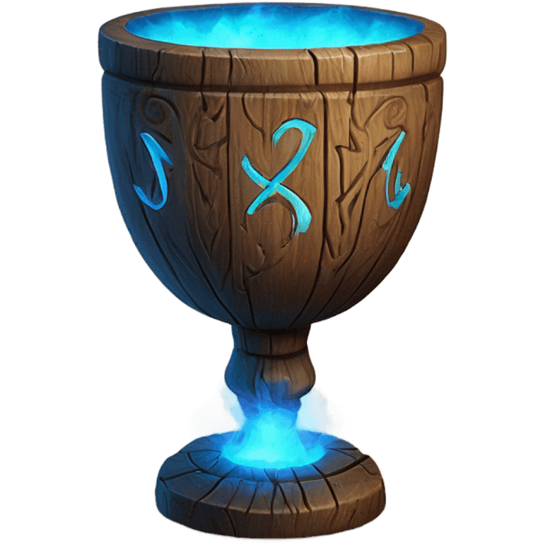 A magical goblet, large and imposing, made of aged wood with intricate carvings and ancient runes along its surface. It emits a bright blue glow, with magical flames dancing inside, symbolizing its power and mystery. emoji