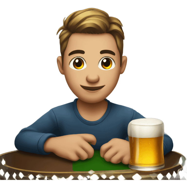 A young man at a poker table with a beer emoji