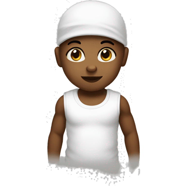 bold hear, wearing white sleeveless tshirt baby emoji