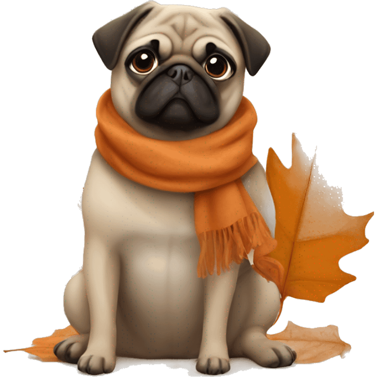 pug sitting in orange leaves and wearing a brown scarf emoji