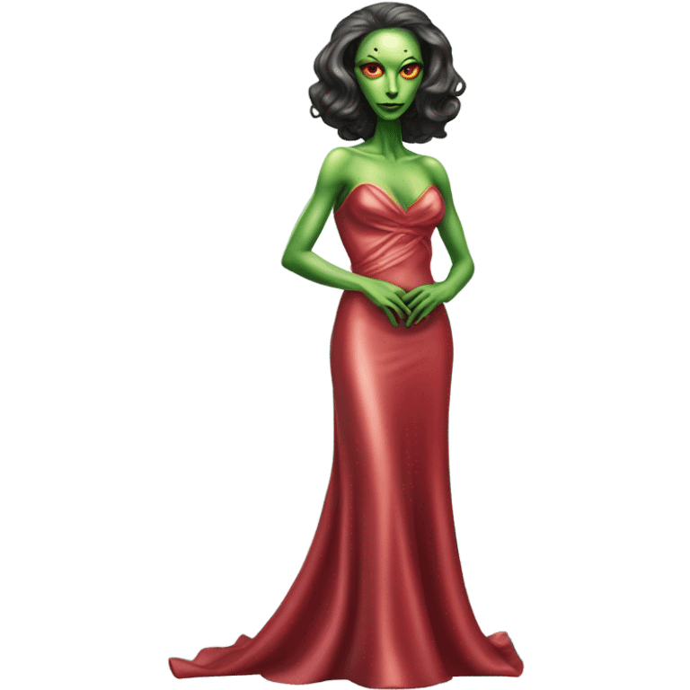 reptilian green alien woman, in long slim pastel red formal party satin dress with gradient shiny sparkling dark red, full figure, full body emoji