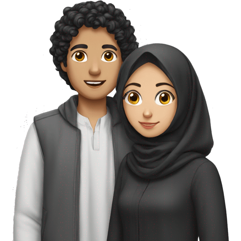 European Young boy with curly black hairs with her wife wear a hijab  emoji