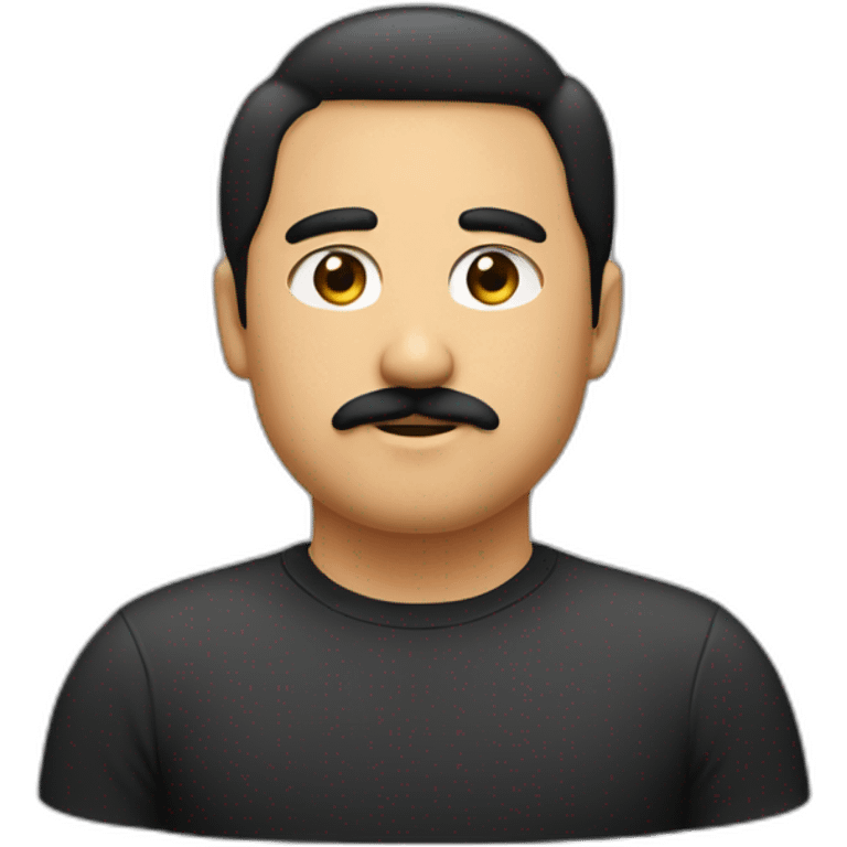 Fat, young, face color light black, eye black, hair black, thin mustache think, emoji