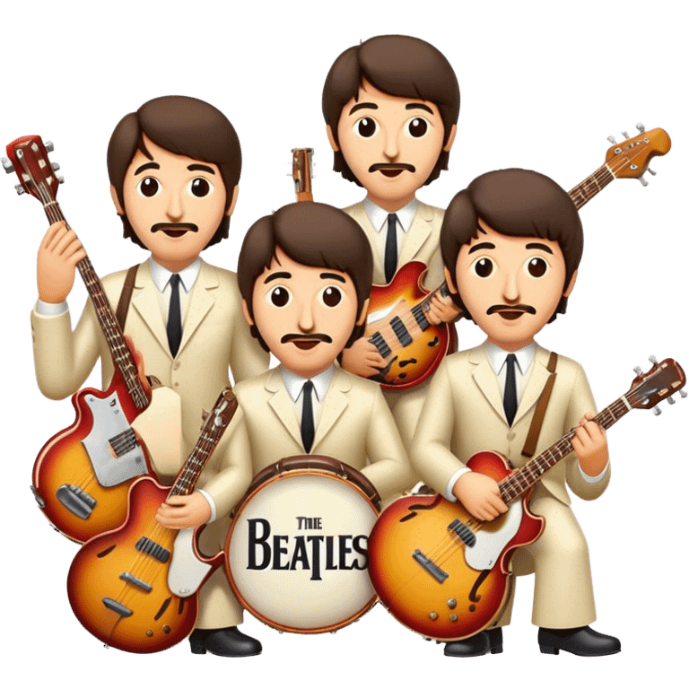 Cinematic Realistic The Beatles Group Emoji, depicted as an iconic band of four exuding playful charisma and musical genius with retro instruments and vibrant expressions, rendered with rich textures and nostalgic dynamic lighting that captures their legendary impact on pop culture. emoji